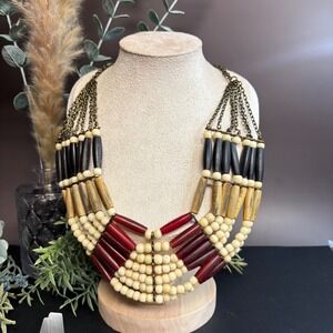 Tribal Wood Acrylic Necklace | Statement Bib Piece | Boho Chunky Jewelry